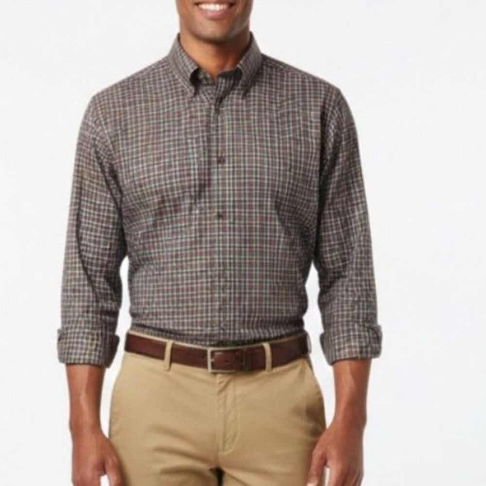 Brooks Brothers Men's Brown Navy Check Regent Fit LS Button-Down Shirt Size L